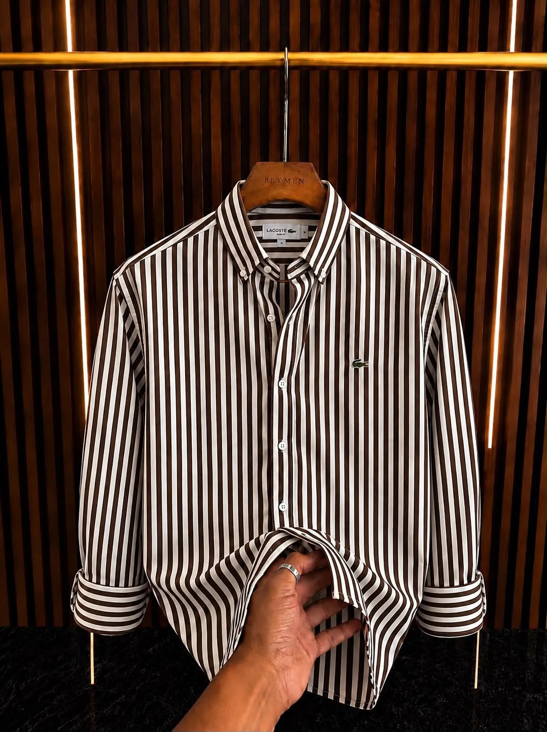 LACOSTE KAHVERENGİ ÇİZGİLİ ORİJİNAL GÖMLEK görünüm 1