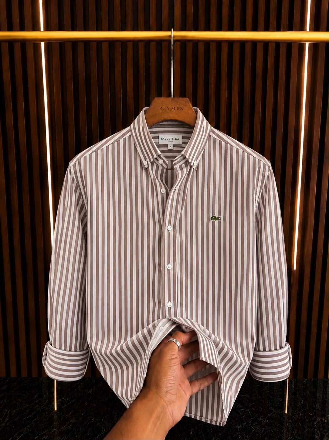 LACOSTE KREM ÇİZGİLİ ORİJİNAL GÖMLEK görünüm 1