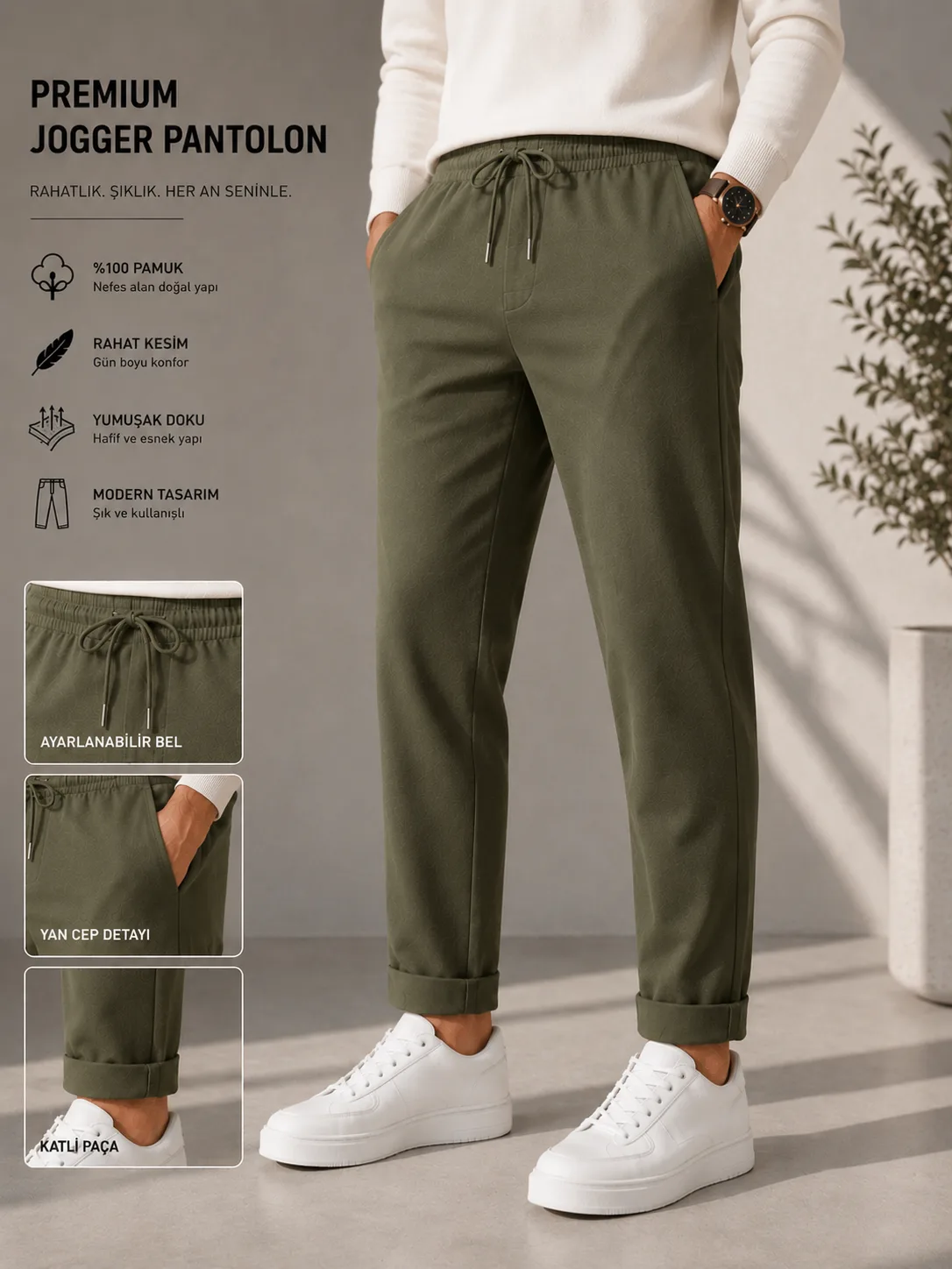 JOGGER PANTOLON BELİ LASTİKLİ BAĞLAMALI HAKİ görünüm 1