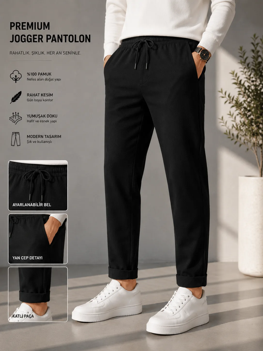 JOGGER PANTOLON BELİ LASTİKLİ BAĞLAMALI SİYAH görünüm 1