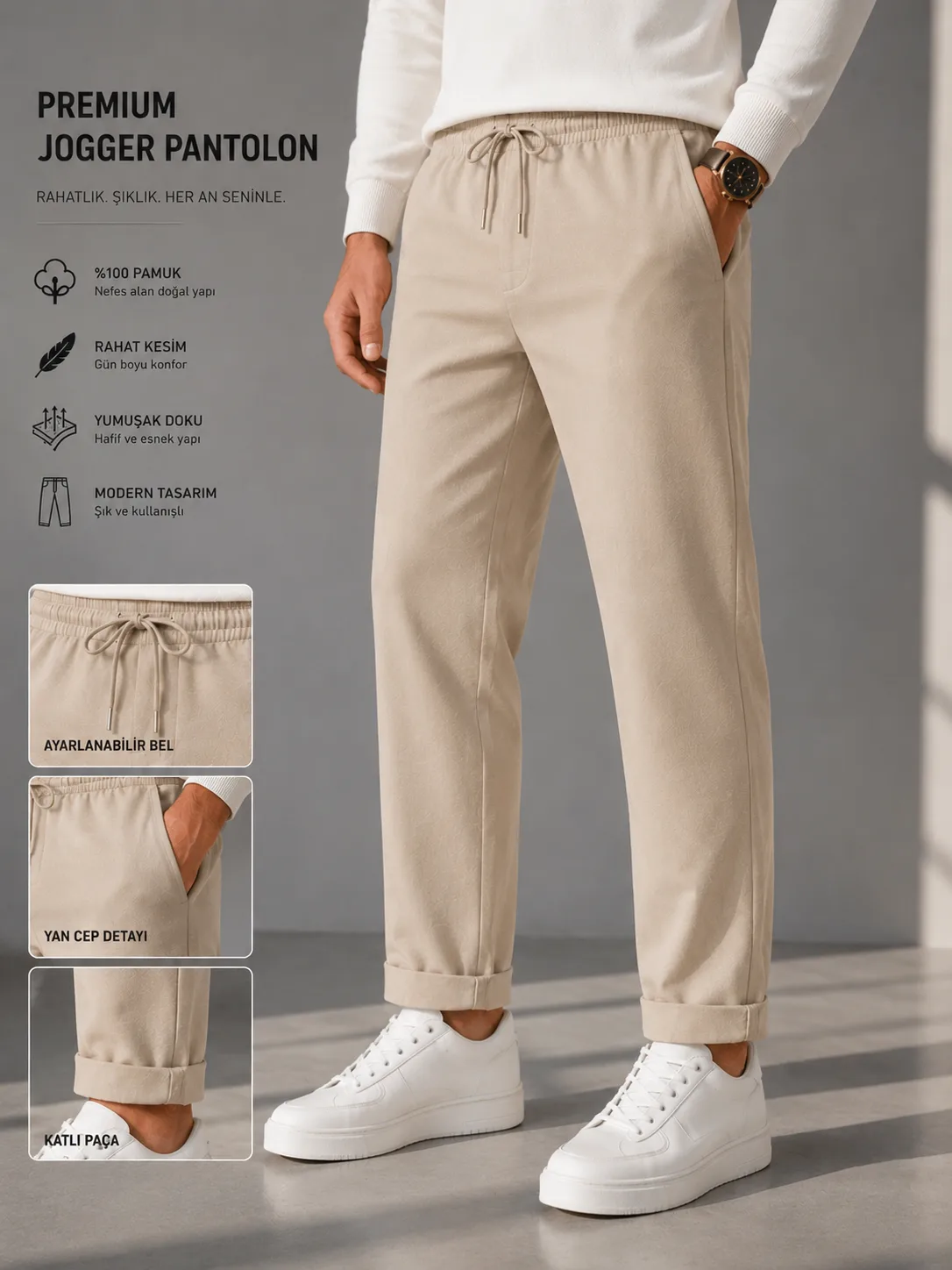 JOGGER PANTOLON BELİ LASTİKLİ BAĞLAMALI KREM görünüm 1
