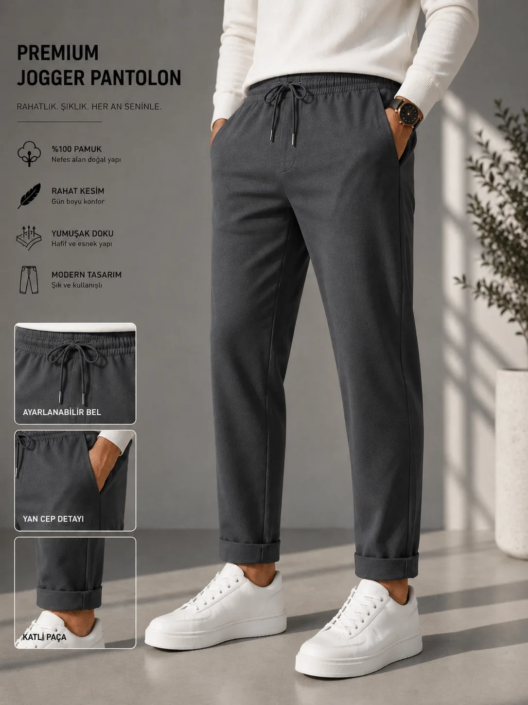 JOGGER PANTOLON BELİ LASTİKLİ BAĞLAMALI GRİ görünüm 1